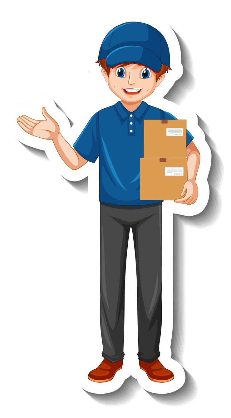 Vector Gratis a sticker with delivery man in uniform holding boxes