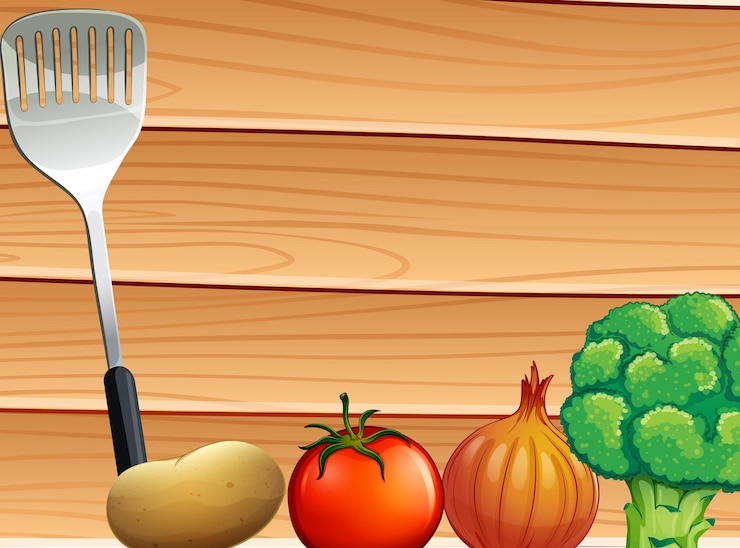 Vector Gratis a table with a laddle and vegetables
