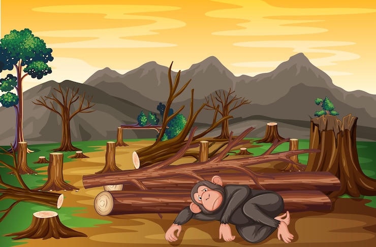 Vector Gratis adegan latar belakang dengan monyet dan deforestasi