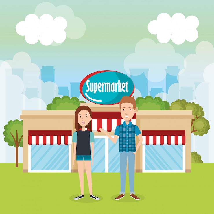 Vector Gratis adegan pasangan di luar gedung supermarket