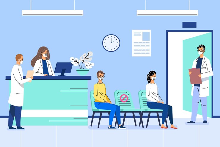 Vector Gratis adegan resepsionis rumah sakit dengan gambar tangan datar dengan masker wajah