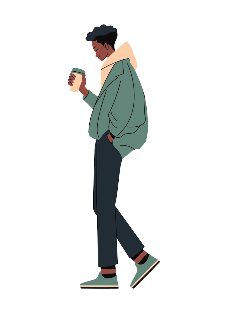 Vector Gratis afro man walking and drinking beverage character