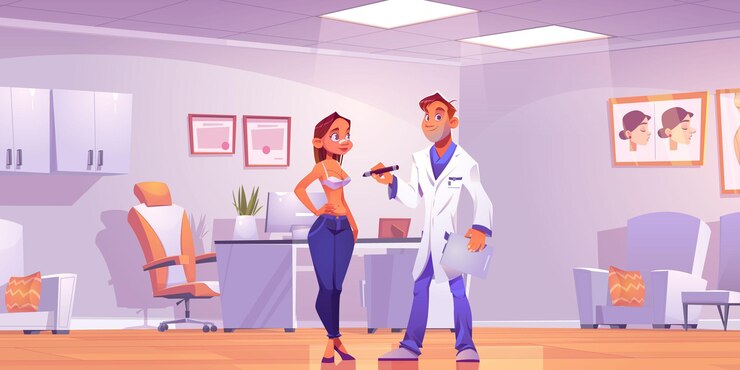 Vector Gratis ahli bedah plastik berkonsultasi dengan wanita tentang operasi pengangkatan atau pembesaran payudara di ruang klinik.