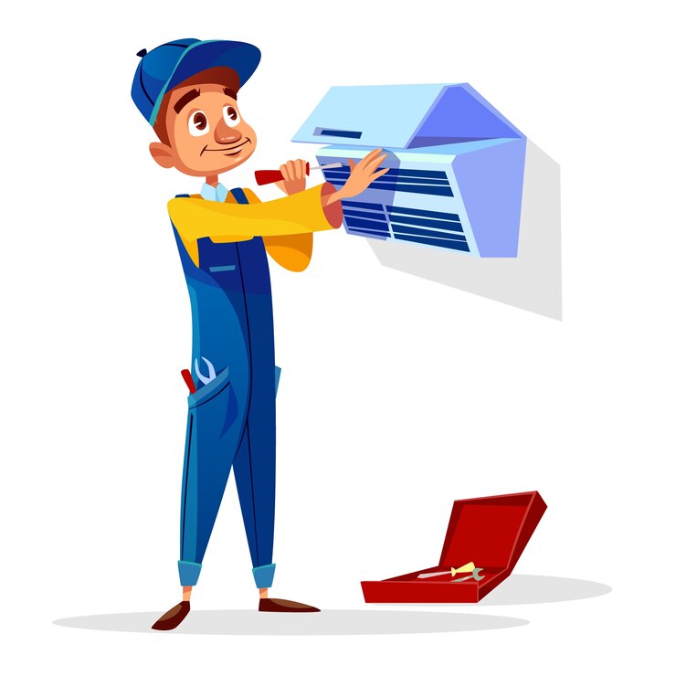 Vector Gratis air conditioner repair of repairman with tools.