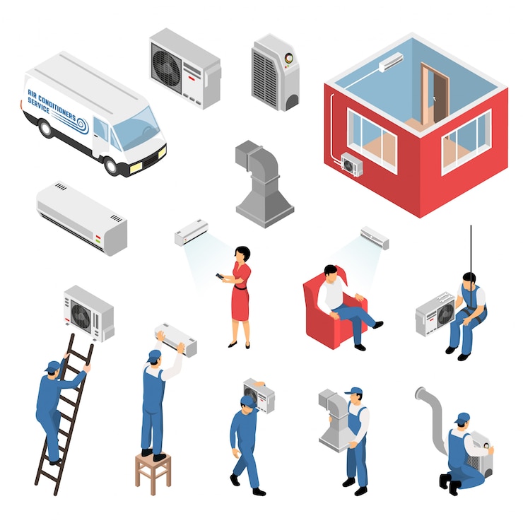 Vector Gratis air conditioners installation isometric set