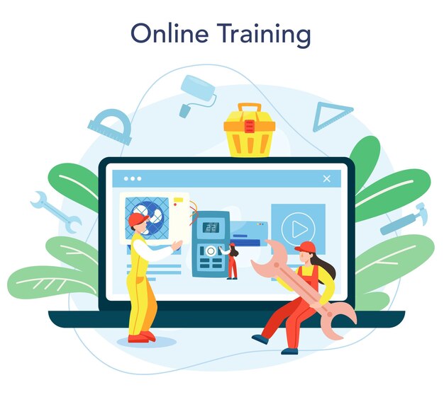 air conditioning repair and mounting service online service or platform repairman installing examining and repairing conditioner online training vector illustration