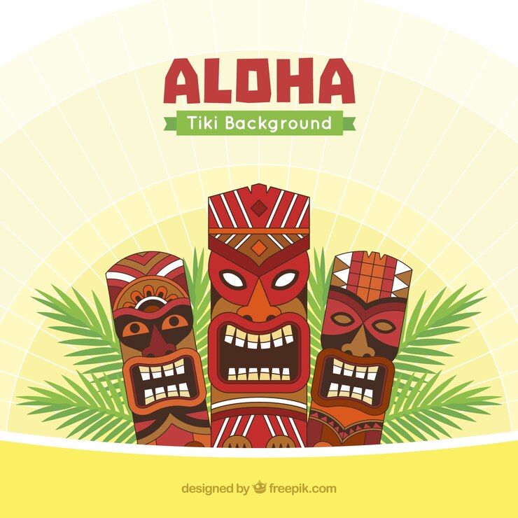 Vector Gratis aloha background with tiki masks and palm leaves