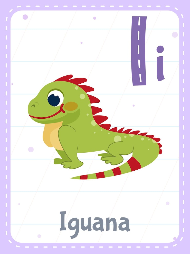 Vector Gratis alphabet printable flashcard with letter i and iguana animal
