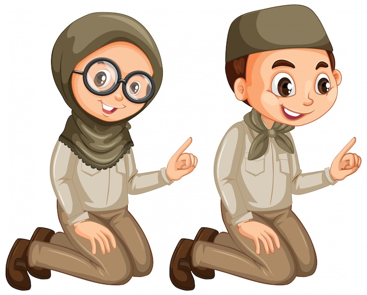 Vector Gratis anak laki-laki dan perempuan berseragam pramuka di atas putih