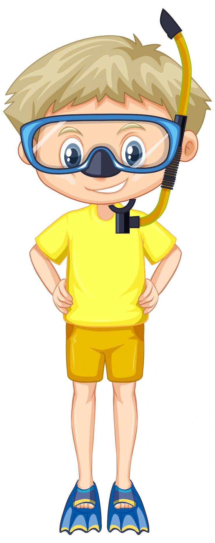 Vector Gratis anak laki-laki dengan kemeja kuning dengan snorkel dan sirip