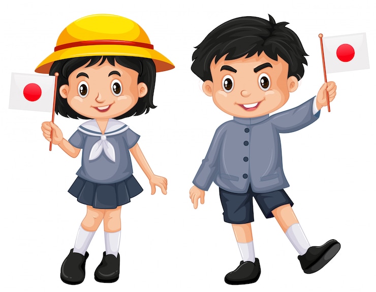 Vector Gratis anak perempuan dan laki-laki jepang memegang bendera