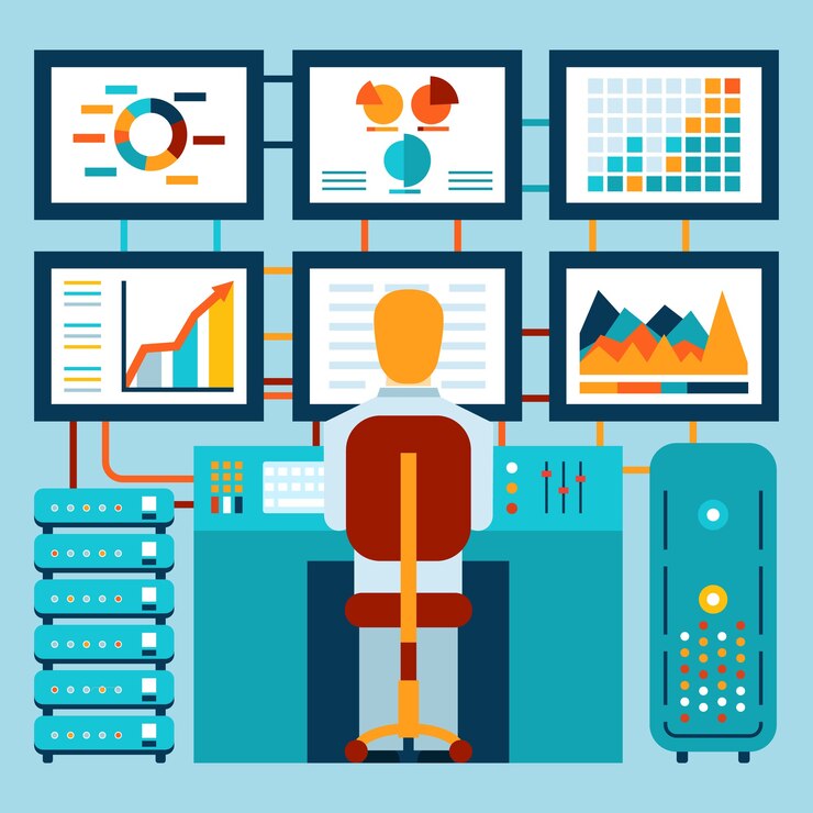 Vector Gratis analysis of information on dashboard in flat style. vector illustration
