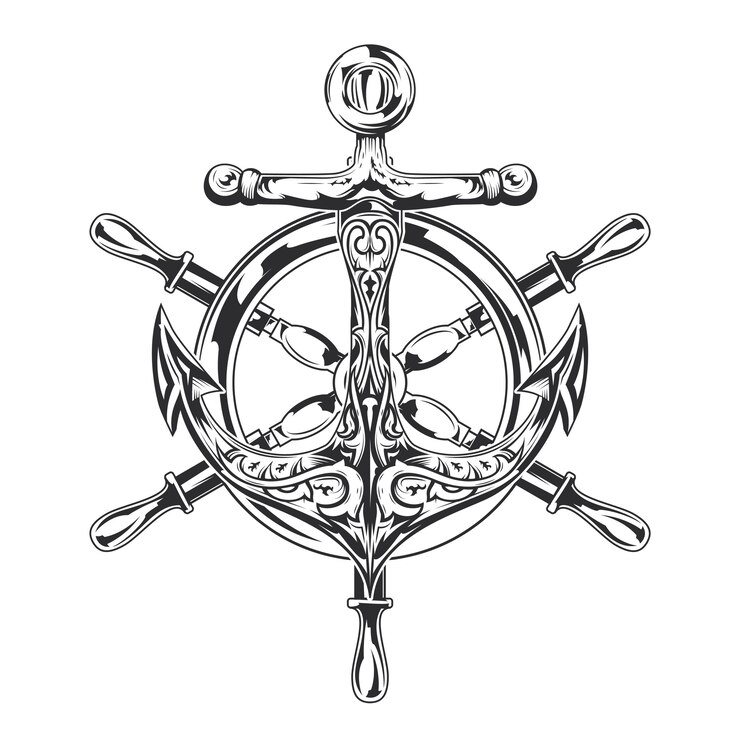 Vector Gratis anchor and steering wheel black and white illustration.