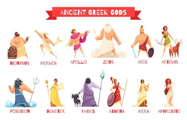 Vector Gratis ancient greek gods 2 horizontal cartoon figures sets with dionysus zeus poseidon aphrodite apollo athena 