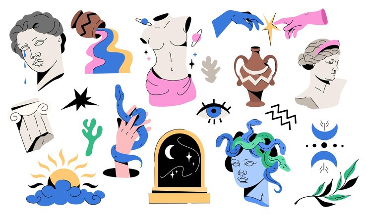 Vector Gratis ancient greek statue and trendy psychedelic design elements set