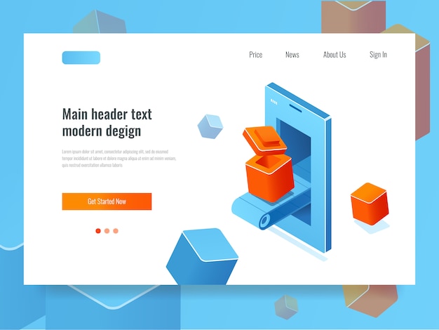 Application development, banner with mobile phone and conveyor line