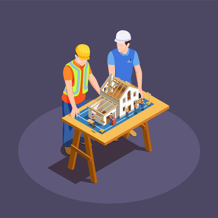 Vector Gratis architect and foreman with house construction project on wooden desk