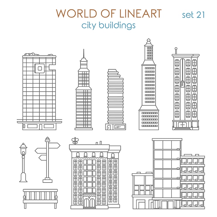 Vector Gratis architecture city public municipal mall business center skyscraper estate building al line art style  set