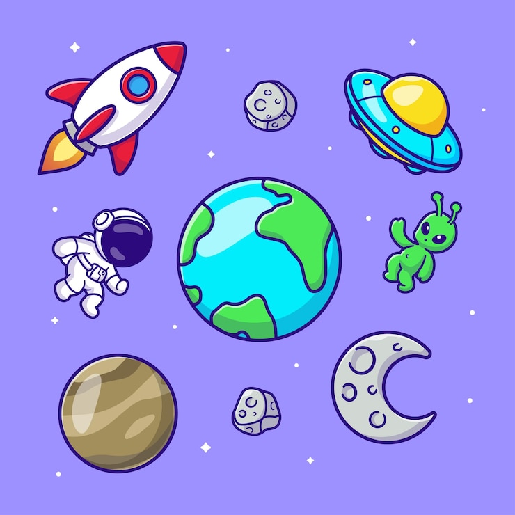 Vector Gratis astronot alien roket ufo di ilustrasi ikon vektor kartun luar angkasa ilmu pengetahuan teknologi terisolasi
