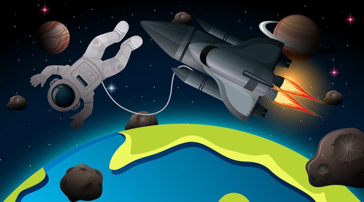 Vector Gratis astronot dan pesawat ruang angkasa dalam pemandangan luar angkasa