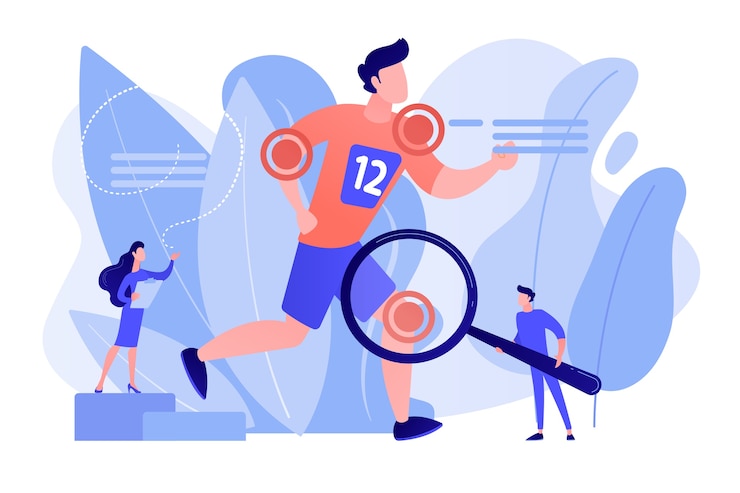 Vector Gratis athlete running and tiny people physicians treating injuries. sports medicine, sports medical services, sports physician specialist concept. pinkish coral bluevector vector isolated illustration