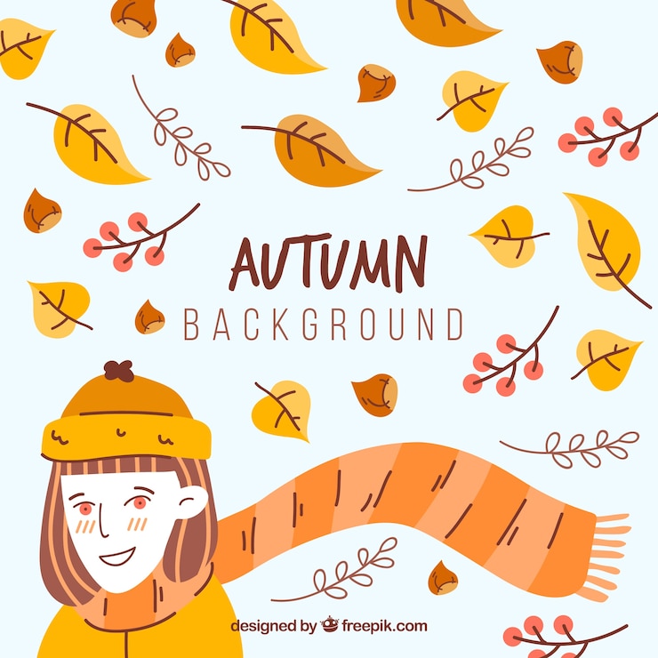 Vector Gratis autumn background with flat leaves and girl