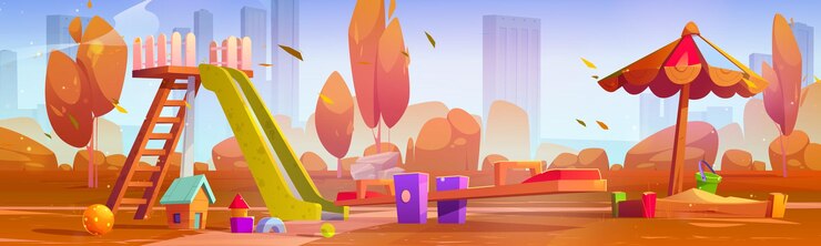 Vector Gratis autumn children playground in park vector background sunny fall kindergarten outdoor equipment for playtime with sandbox ball seesaw swing and slide outside preschool yard with falling leaves