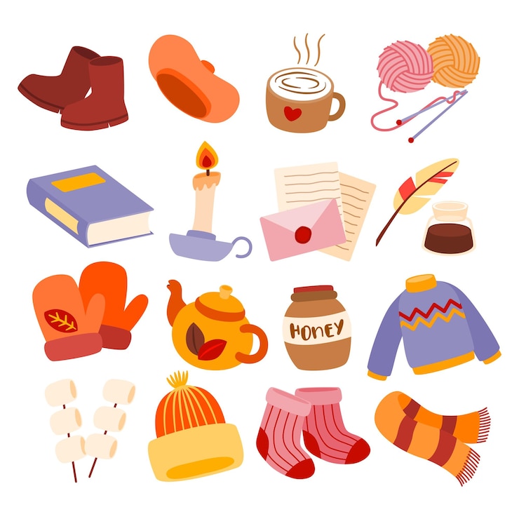 Vector Gratis autumn collection of decorative season elements such as kettle, honey bottle, sweater, knit hat, socks, scarf and marshmallow, vector illustration isolated