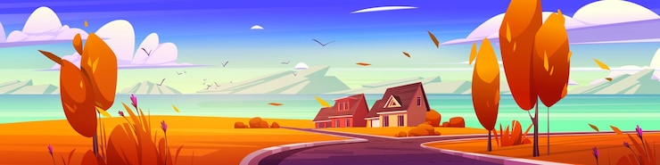 Vector Gratis autumn landscape with houses on river coast