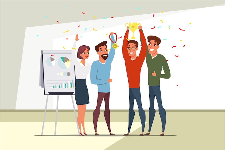 Vector Gratis award winner characters team leader careerist holding golden trophy happy contestant with prize