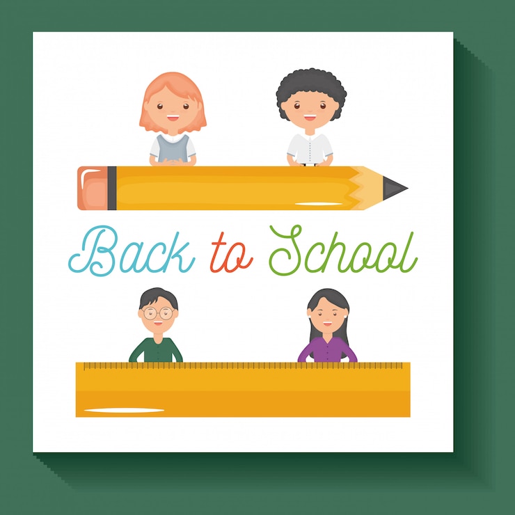 Vector Gratis back to school. young teachers couple and students with supplies