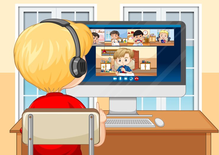 Vector Gratis back view of a boy communicate video conference with friends at home scene