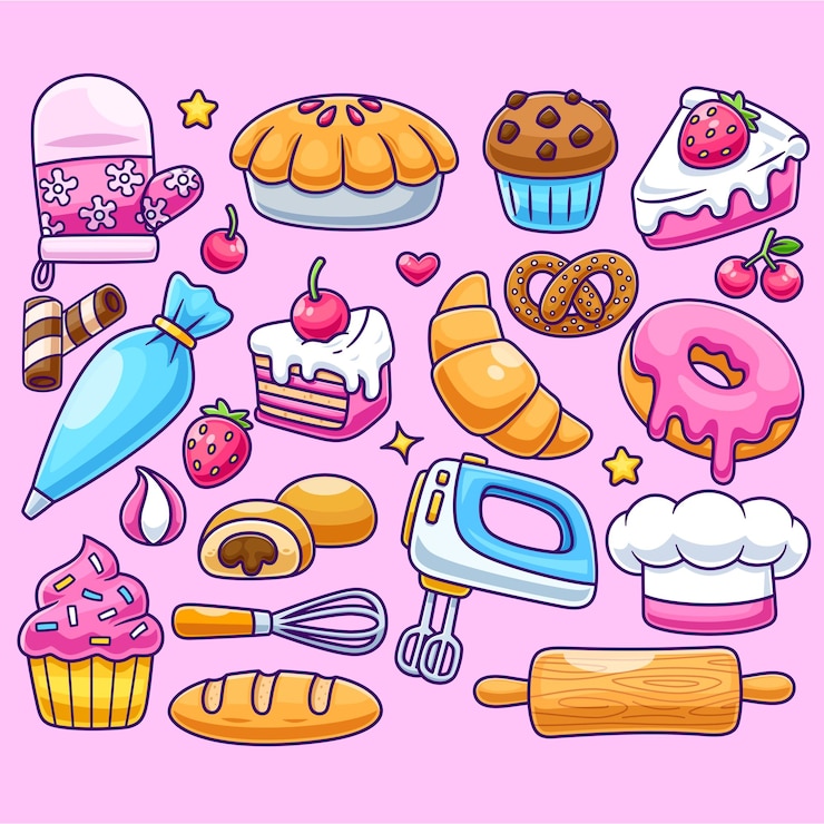 Vector Gratis bakery cake set cartoon vector icon illustration food object icon isolated flat vector