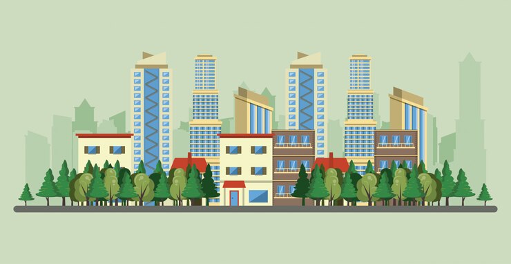 Vector Gratis bangunan perkotaan dengan pemandangan lanskap kota