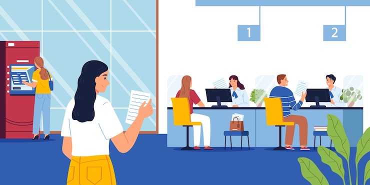 Vector Gratis bank composition with indoor scenery of bank branch with waiting people withdrawing money talking with clerks vector illustration