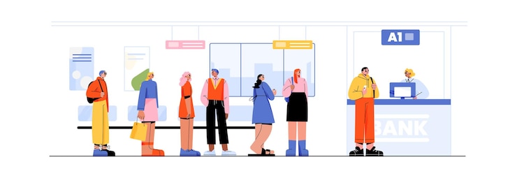 Vector Gratis bank queue people stand in row front of desk