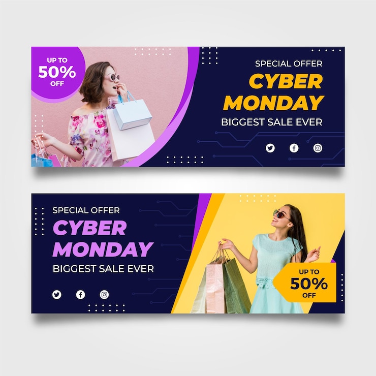 Vector Gratis banner cyber monday dengan foto dalam desain datar