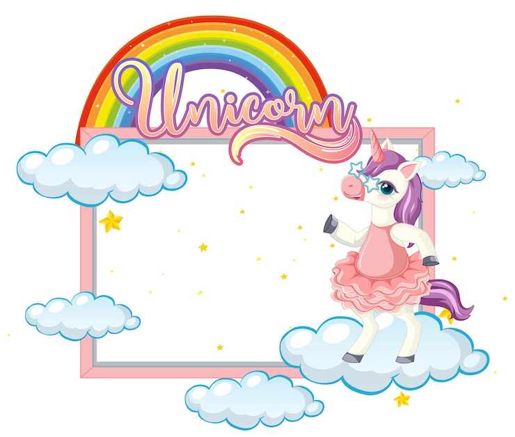 Vector Gratis banner kosong dengan karakter kartun unicorn lucu dengan latar belakang putih