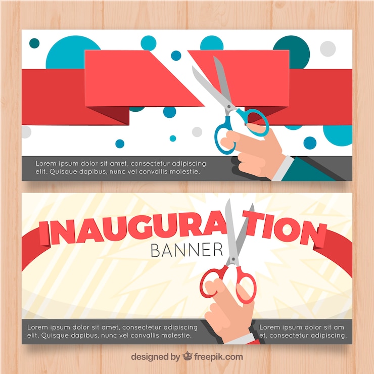 Vector Gratis banner peresmian dengan tangan memegang gunting