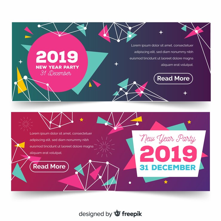 Vector Gratis banner pesta tahun baru 2019 modern dengan desain datar