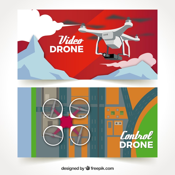 Vector Gratis banners with drones in mountains and city