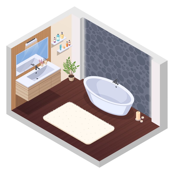 Vector Gratis bathroom isometric interior composition with jaccuzi spa tub wall tile mirror washstand bath mat and candles vector illustration