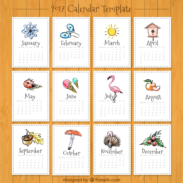 Vector Gratis  beautiful 2017 calendar with drawings
