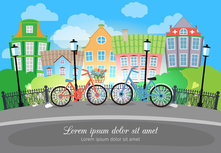 Vector Gratis beautiful city bridge street with bikes and lights. designed with colored buildings on background.