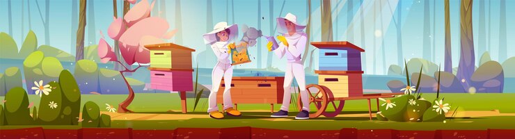 Vector Gratis beekeeper in forest farm near tree 2d landscape background cute beehive and apiarist on meadow environment with blooming chamomile flower and sunlight ray woman in protective safety suit with hat