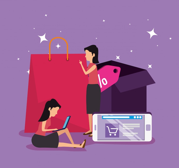 Vector Gratis belanja online dan wanita dengan e-commerce smartphone