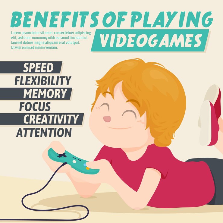 Vector Gratis benefits of playing video games character with joystick