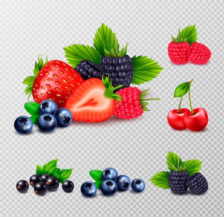 Vector Gratis berry fruit realistic set with clusters of ripe berries and green leaves images on transparent background