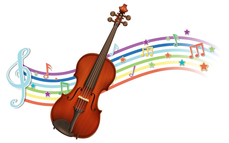 Vector Gratis biola dengan simbol melodi pada gelombang pelangi