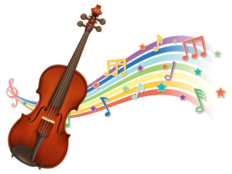 Vector Gratis biola dengan simbol melodi pada gelombang pelangi